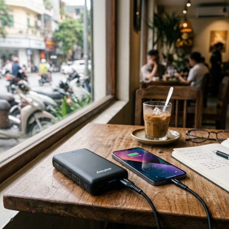 Pin dự phòng 10000mAh đặt cạnh điện thoại trên bàn gỗ hiện đại