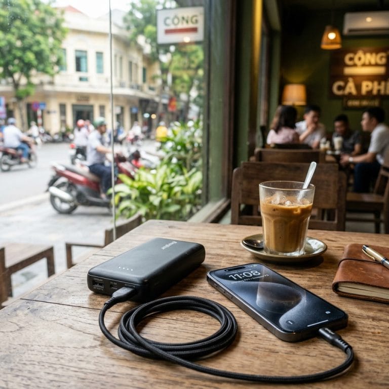 iPhone đang sạc bằng pin dự phòng Energizer trên bàn cà phê hiện đại