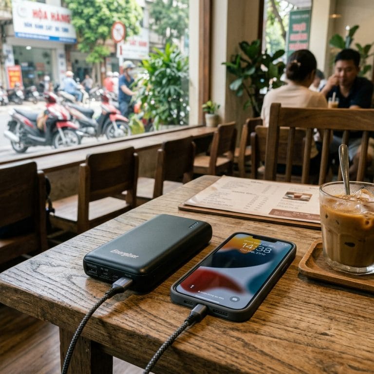 Điện thoại đang sạc nhanh bằng pin dự phòng PD trên bàn cà phê