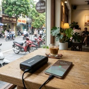 Pin dự phòng 10000mAh đang sạc điện thoại khi di chuyển ngoài trời