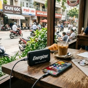 Pin dự phòng nhỏ gọn đang sạc điện thoại khi di chuyển ngoài trời