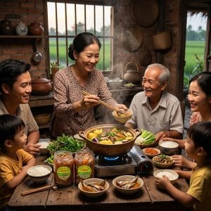 Bữa cơm quê miền Tây với lẩu mắm đậm vị truyền thống gia đình sum vầy