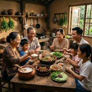 Bữa cơm gia đình với món ăn quê gợi cảm giác cơm nhà ấm cúng