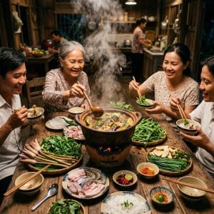 Nồi lẩu mắm miền Tây đậm đà ăn cùng rau sống và hải sản
