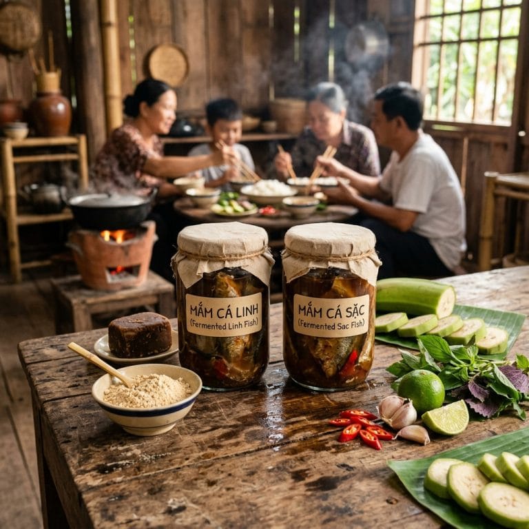 Combo mắm cá linh và mắm cá sặc truyền thống miền Tây trên bàn gỗ