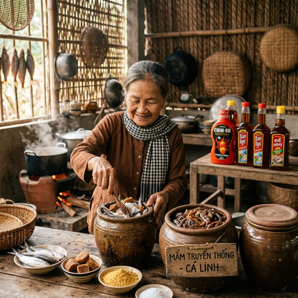 Mắm truyền thống miền Tây với nguyên liệu tự nhiên trong gian bếp quê
