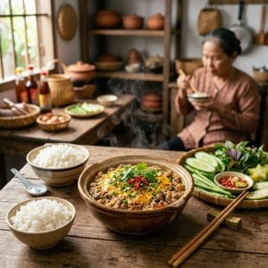 Mắm chưng thịt miền Tây ăn cùng cơm nóng đậm đà và thơm ngon