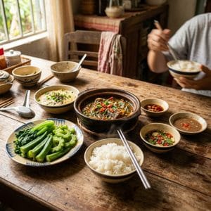 Mắm cá sặc miền Tây ăn cùng cơm nóng và rau luộc gia đình