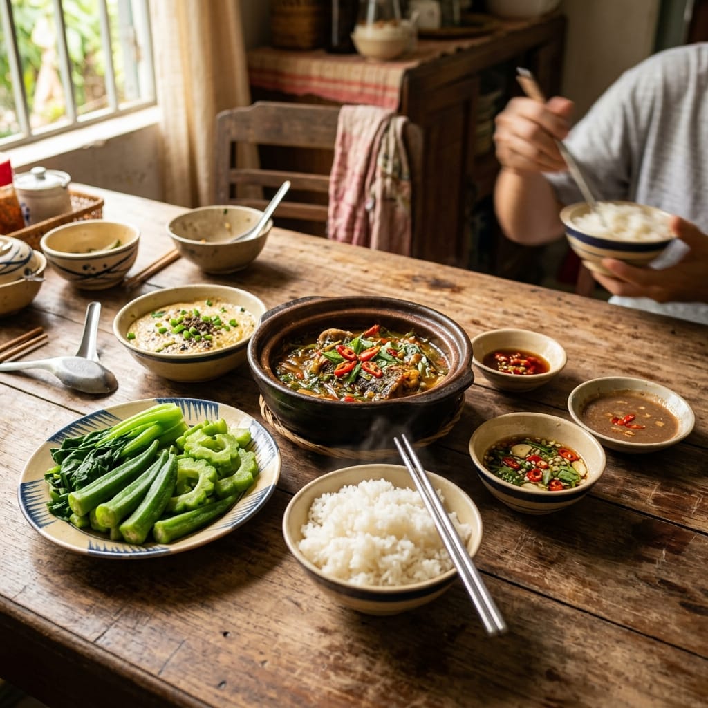 Mắm cá sặc miền Tây ăn cùng cơm nóng và rau luộc gia đình