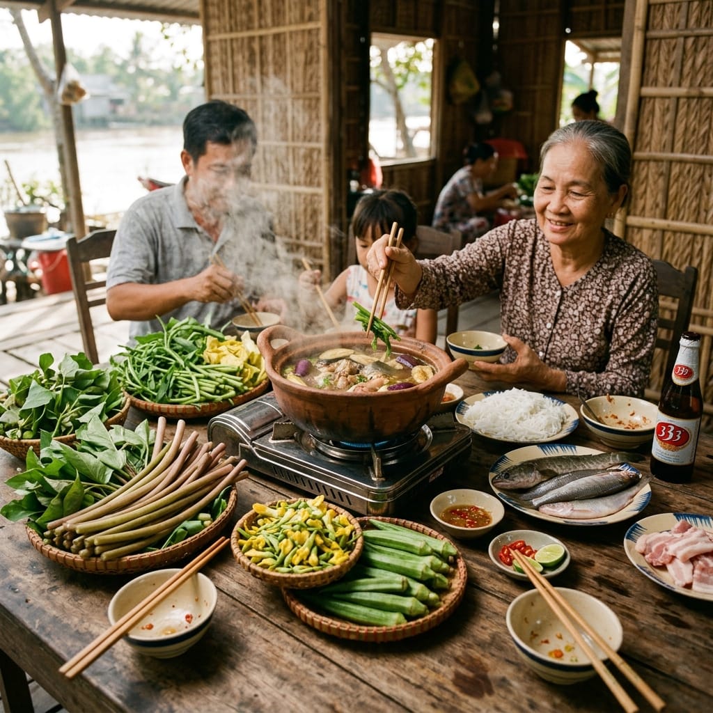 Lẩu mắm cá linh miền Tây ăn cùng nhiều loại rau dân dã truyền thống