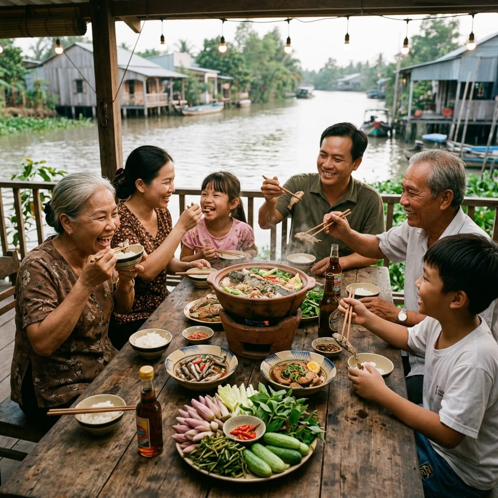 Gia đình thưởng thức combo mắm cá linh cá sặc miền Tây trong bữa cơm